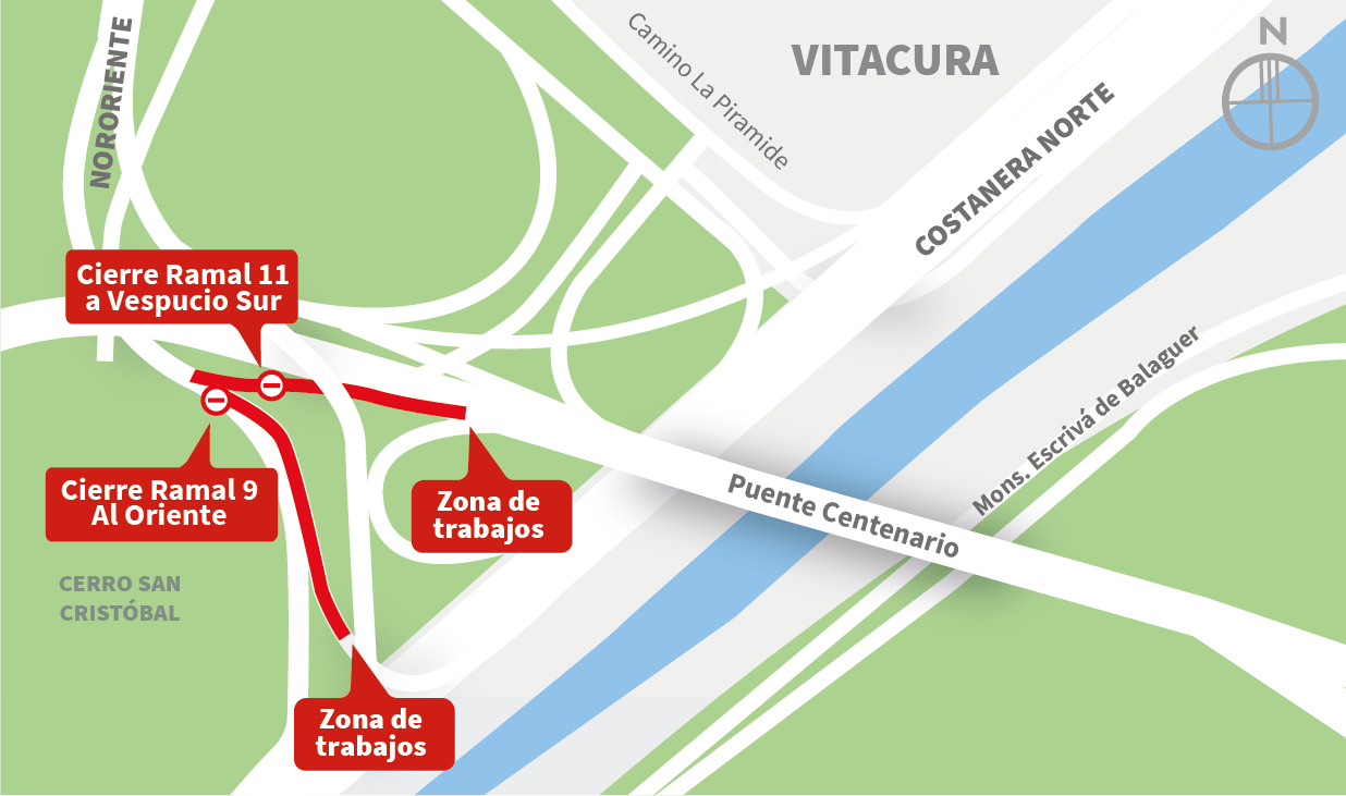 Cierre Ramal 9 desde Nororiente a Costanera Norte al oriente y Ramal 11, desde Nororiente a Autopista Vespucio Oriente (Av. Américo Vespucio Sur), Vitacura.