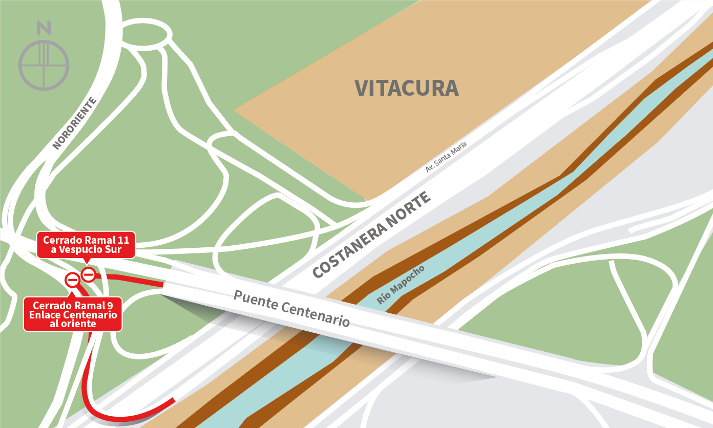 Cierre Ramal 9 Enlace Centenario a Costanera Norte al oriente y Ramal 11 Vespucio Sur desde Autopista Vespucio Oriente (Av. Américo Vespucio Sur)