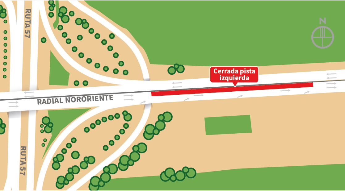 Cierre pista izquierda al oriente, sector Enlace Ruta 57, comuna de Colina