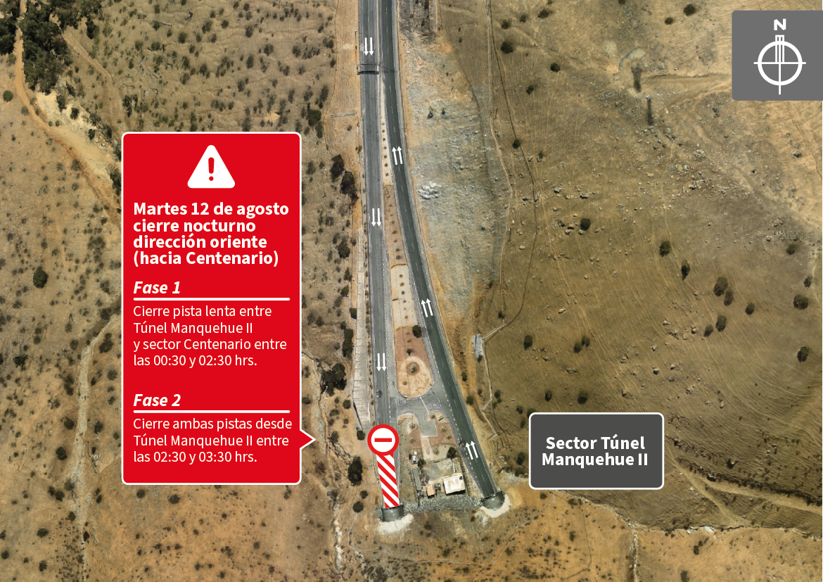 Cierre de calzada hacia el oriente, sector túnel Manquehue II por trabajos de mantención